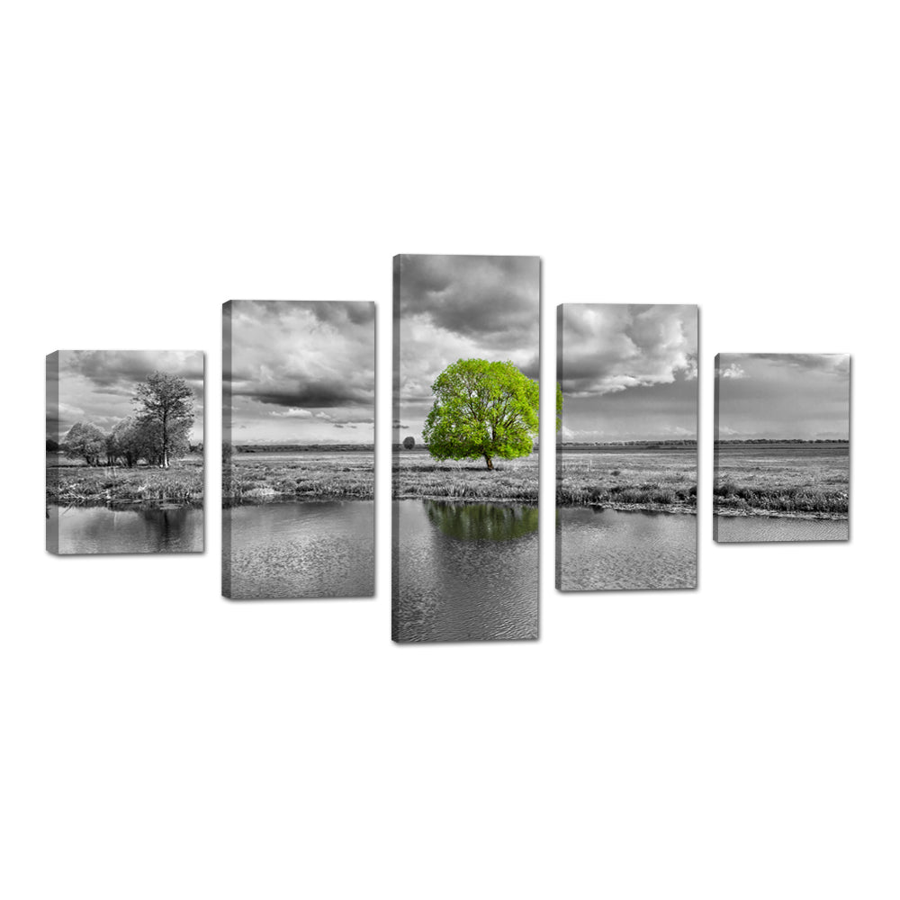 Green Tree on Black and White Landscape Canvas Wall Art