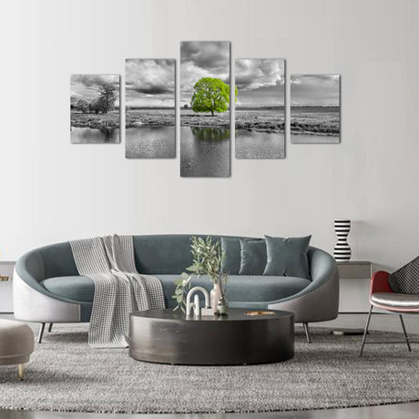 Green Tree on Black and White Landscape Canvas Wall Art