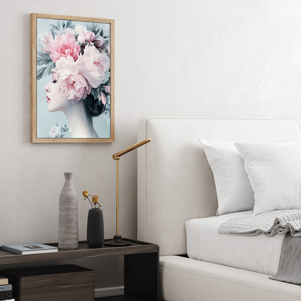 Floral Elegance: Woman With Peony Crown Canvas Wall Art