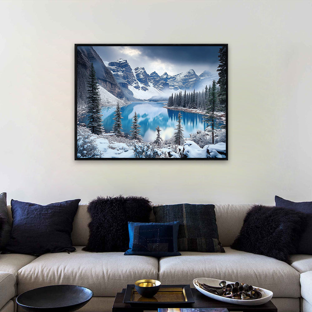 "Serene Winter Lake with Mountain Landscape"- Canvas Wall Art