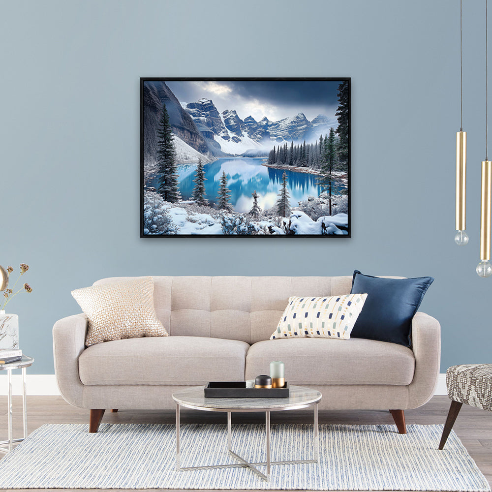 "Serene Winter Lake with Mountain Landscape"- Canvas Wall Art