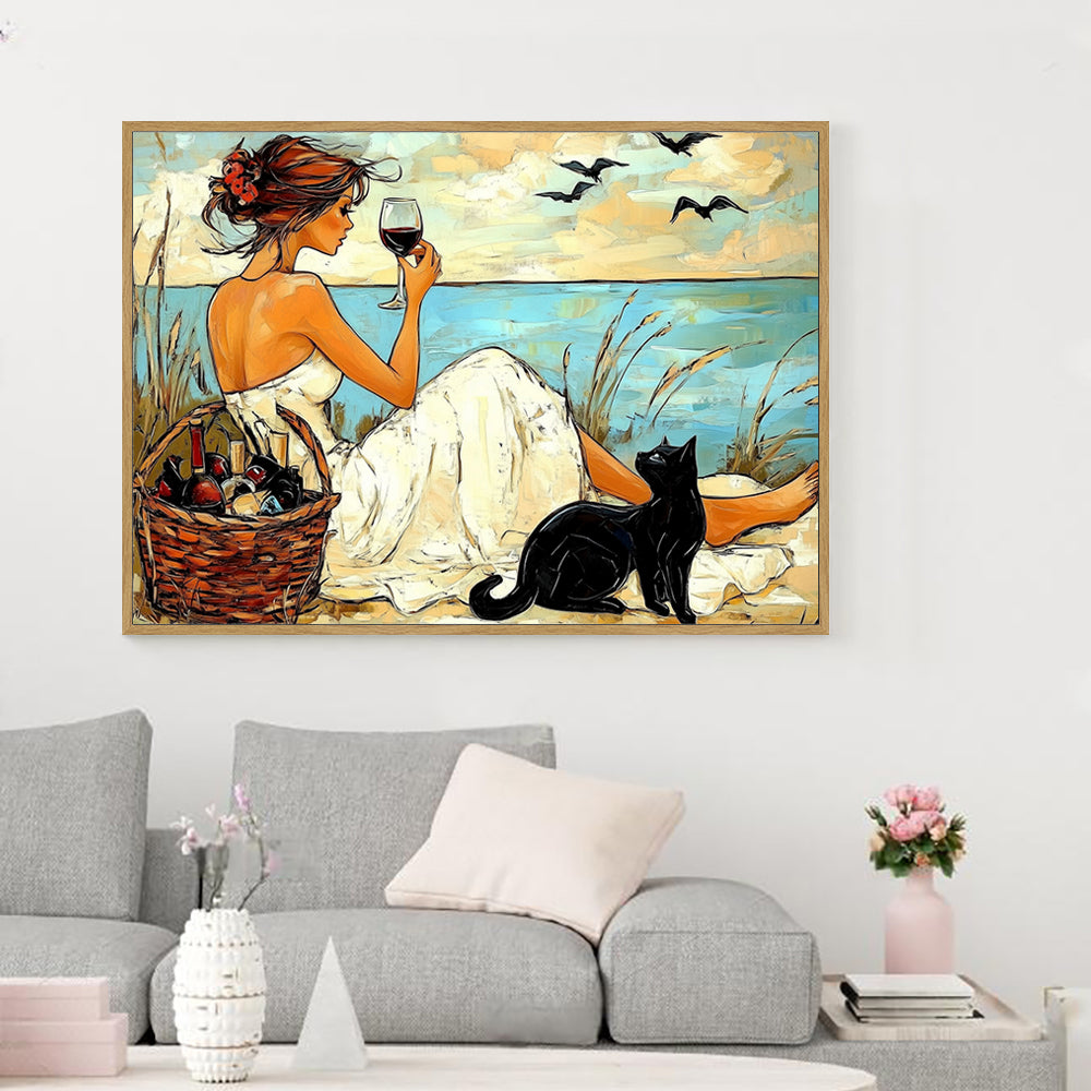 Seaside Serenity: Woman And Cat Canvas Wall Art