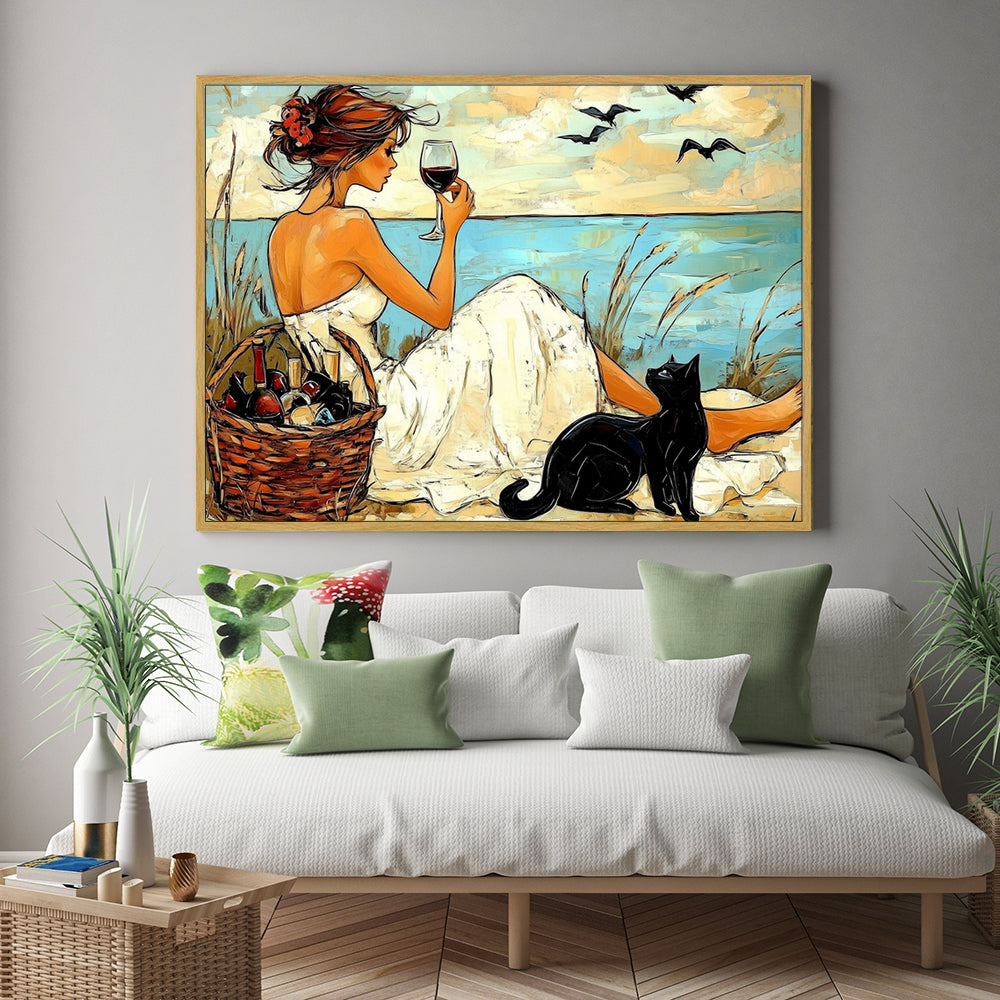 Seaside Serenity: Woman And Cat Canvas Wall Art