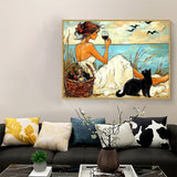 Seaside Serenity: Woman And Cat Canvas Wall Art