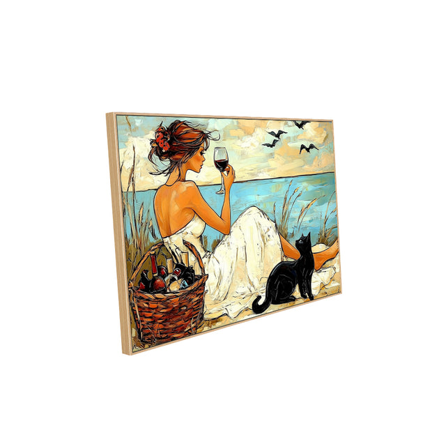 Seaside Serenity: Woman And Cat Canvas Wall Art