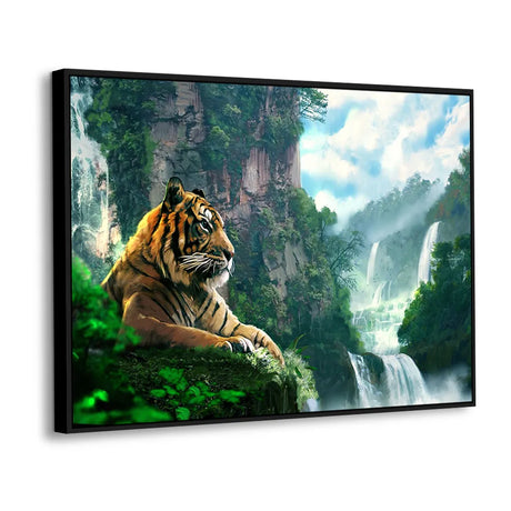 Wild Tiger With Mountain Waterfall Canvas Wall Art