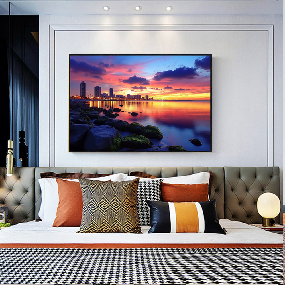 Urban Sunset Serenity: A Skyline By The Water Canvas Wall Art