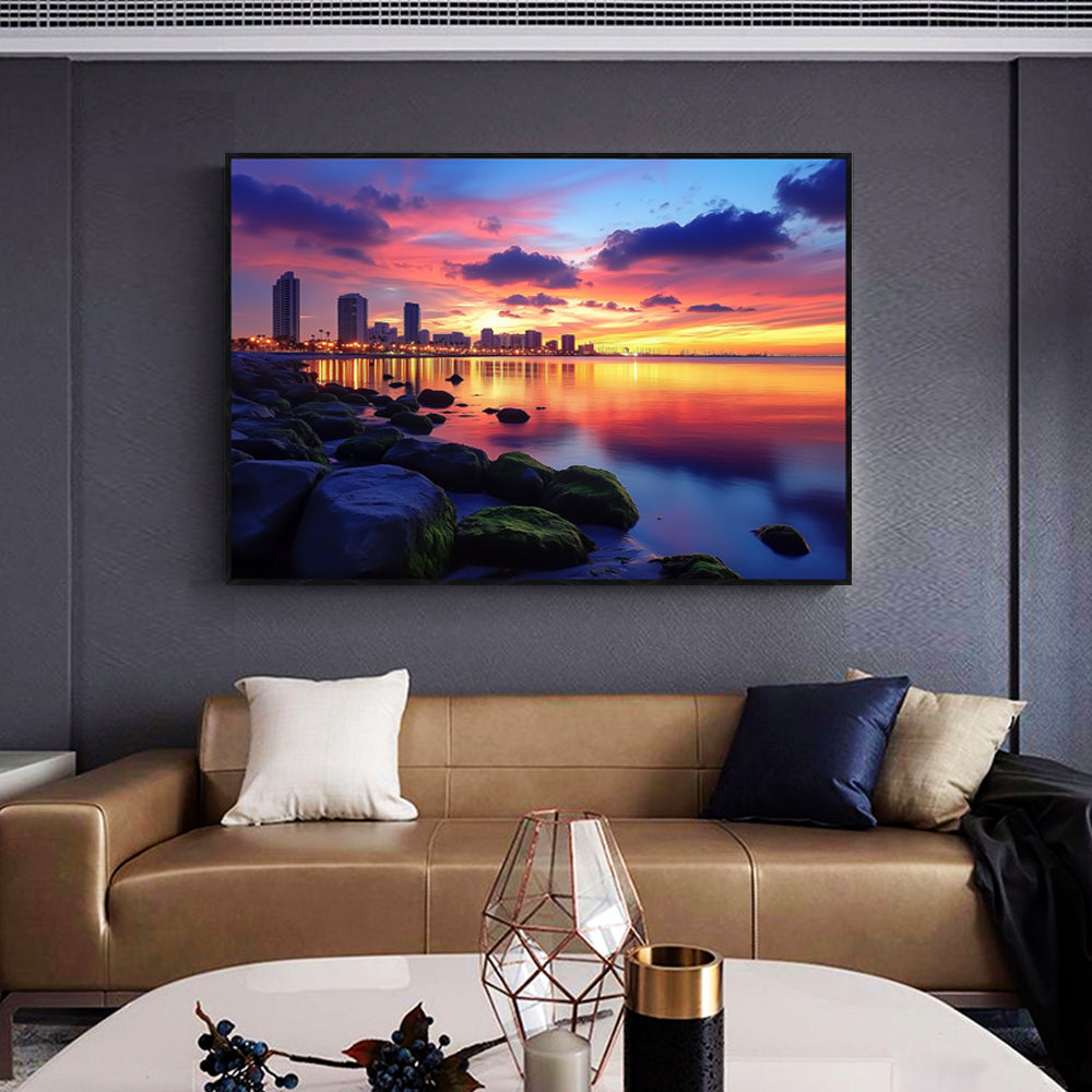 Urban Sunset Serenity: A Skyline By The Water Canvas Wall Art