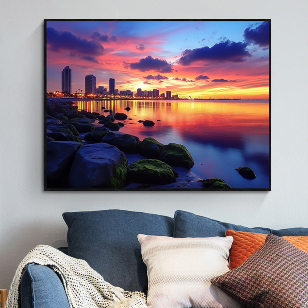 Urban Sunset Serenity: A Skyline By The Water Canvas Wall Art