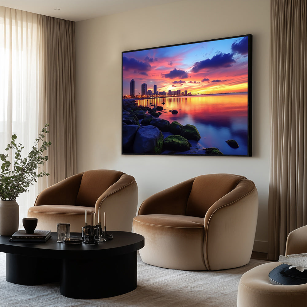Urban Sunset Serenity: A Skyline By The Water Canvas Wall Art