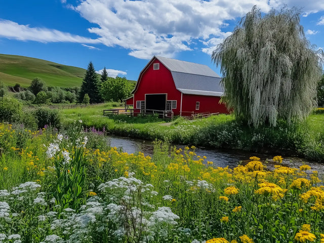 Red Barn With Wildflowers - Tranquil Farmhouse Landscape Canvas Wall Art