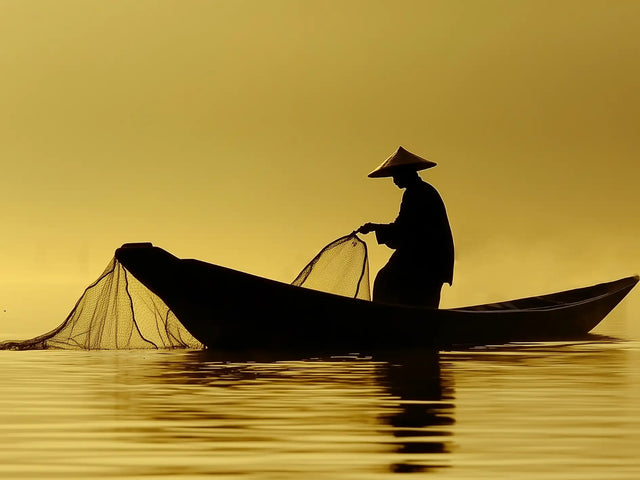 Tranquil Sunrise Reflection - Golden Fisherman Silhouette Canvas Wall Art