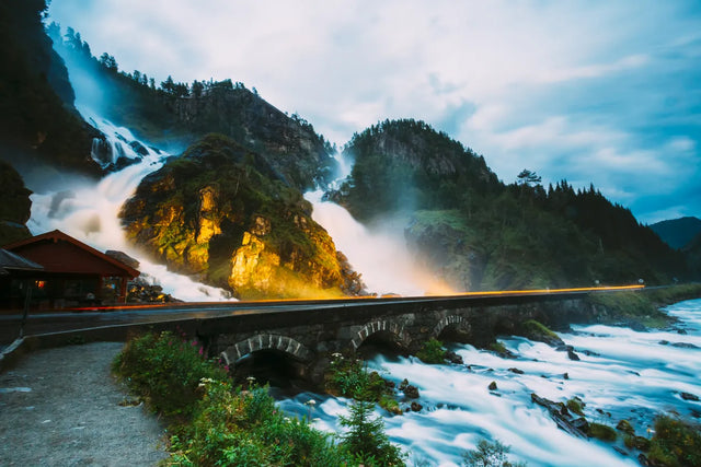Twilight Cascade at Låtefossen Bridge Canvas Wall Art