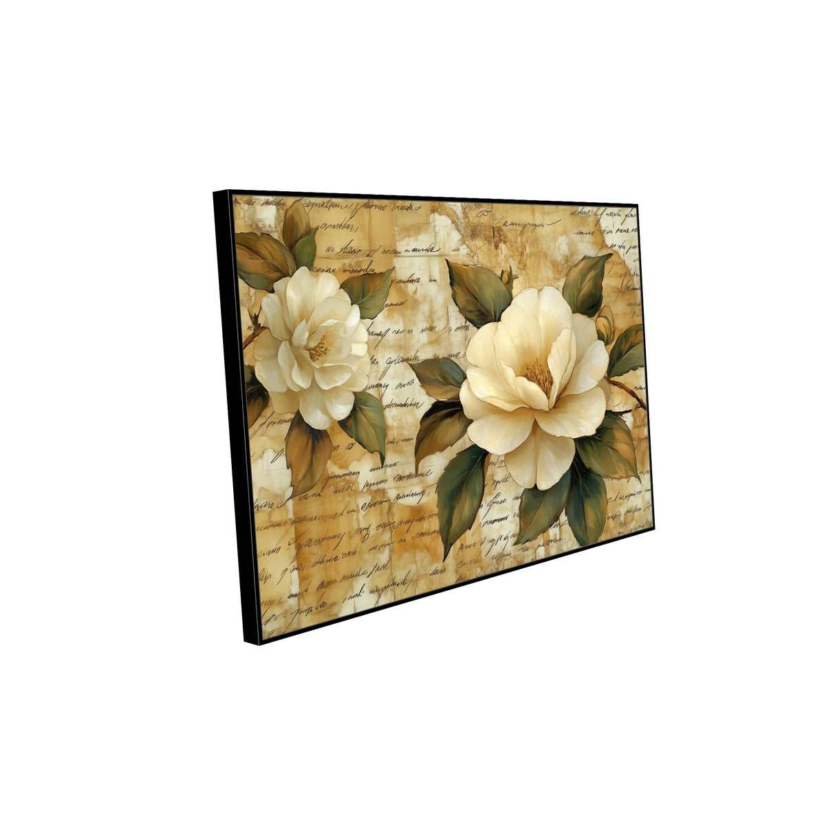 Vintage Elegance: Ivory Blooms On Script Canvas Wall Art
