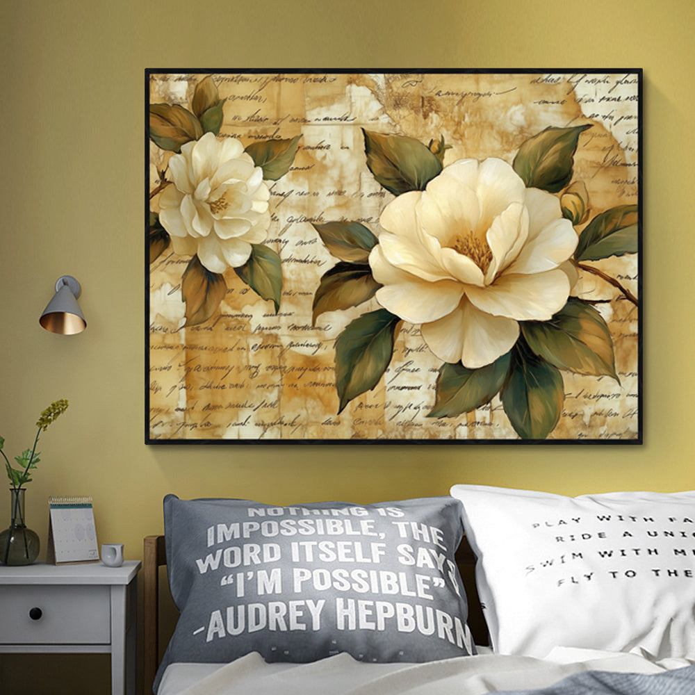 Vintage Elegance: Ivory Blooms On Script Canvas Wall Art