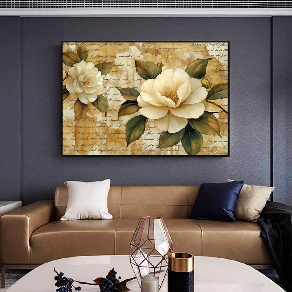 Vintage Elegance: Ivory Blooms On Script Canvas Wall Art