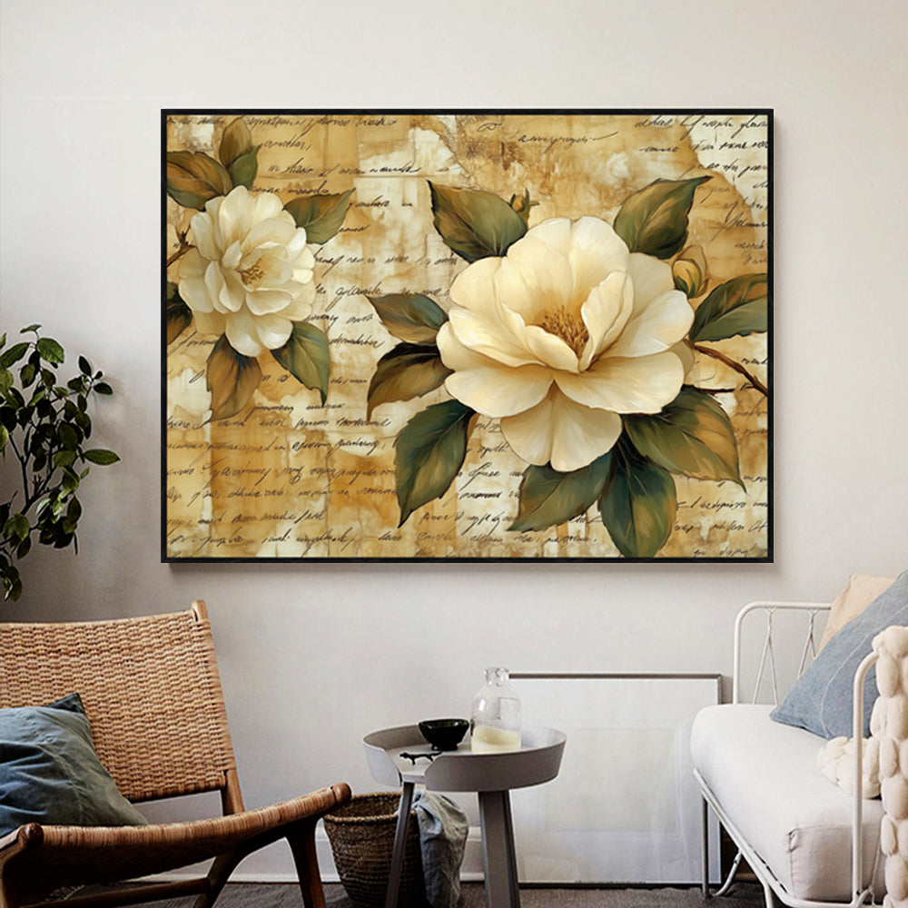 Vintage Elegance: Ivory Blooms On Script Canvas Wall Art