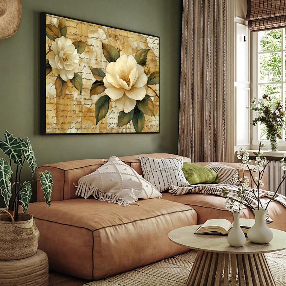 Vintage Elegance: Ivory Blooms On Script Canvas Wall Art