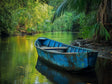 Serene River with Blue Boat Canvas Wall Art