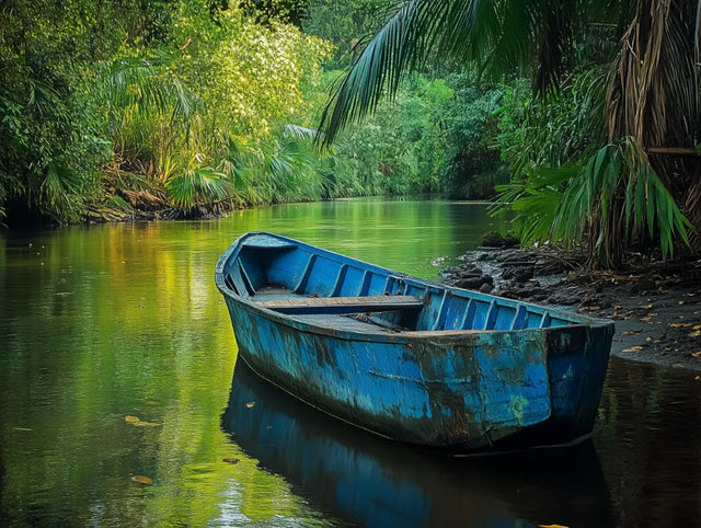 Serene River with Blue Boat Canvas Wall Art