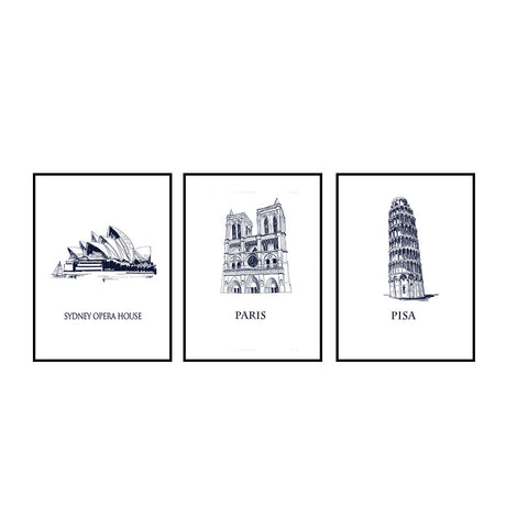 World Landmark Sketch Set Canvas Wall Art (Set of 3)