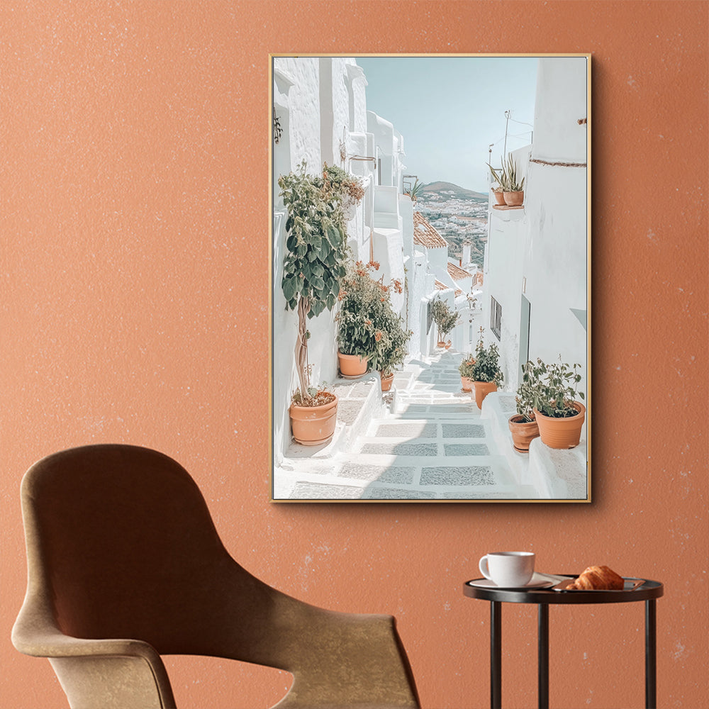 Canvas Wall Art - Picturesque White Alley with Pots