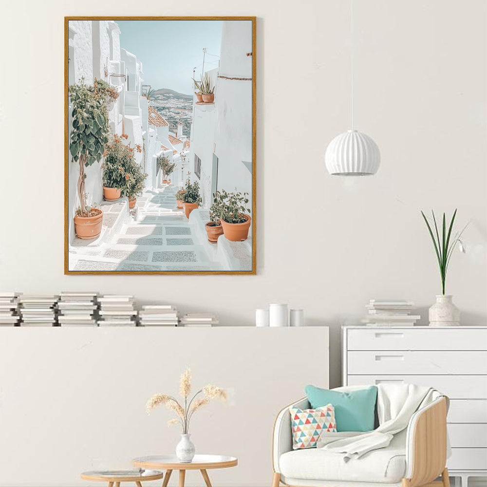 Canvas Wall Art - Picturesque White Alley with Pots