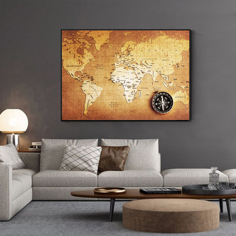 Antique Style Vintage World Map With Compass Canvas Wall Art