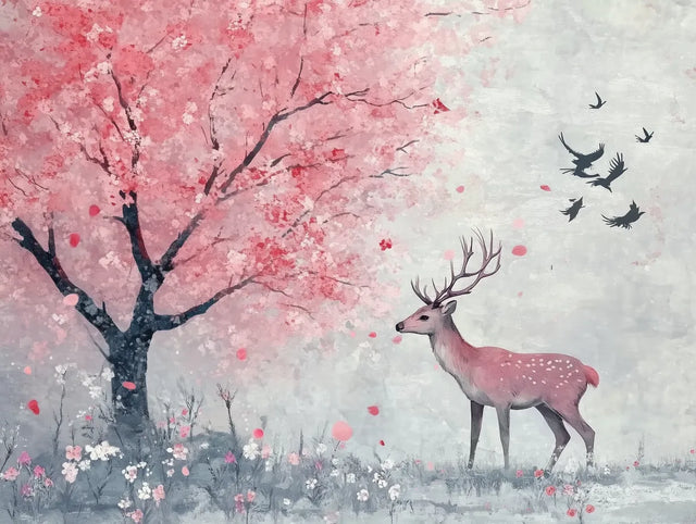 Serene Deer and Cherry Blossom Scene-Canvas Wall Art