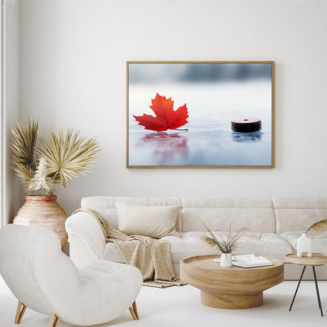 Red Maple Leaf on Ice with Hockey Puck-Canvas Wall Art