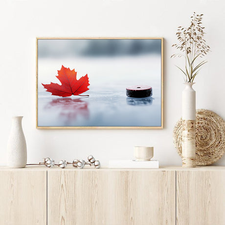 Red Maple Leaf on Ice with Hockey Puck-Canvas Wall Art