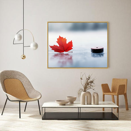 Red Maple Leaf on Ice with Hockey Puck-Canvas Wall Art