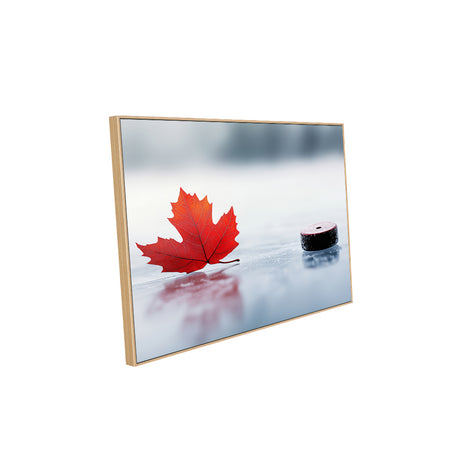 Red Maple Leaf on Ice with Hockey Puck-Canvas Wall Art