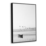 Serene Landscape: Black and White Boat and Birds Canvas Wall Art