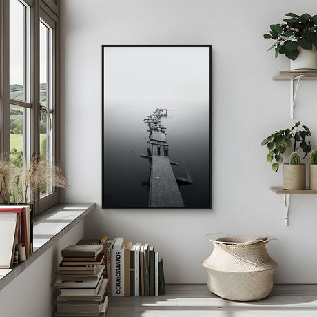 Misty Path: Black and White Dock Canvas Wall Art