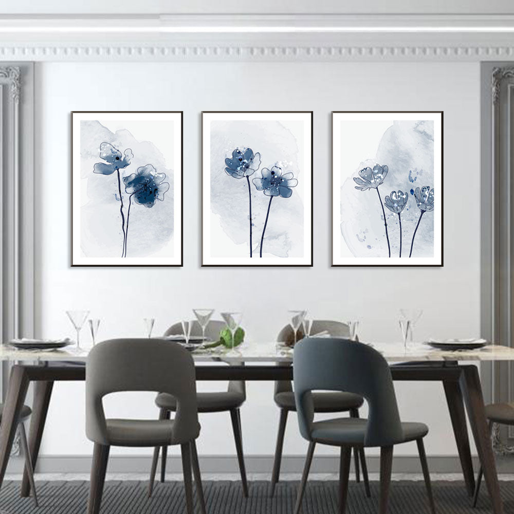 3-Piece Serene Blue Petals Watercolor Canvas Wall Art