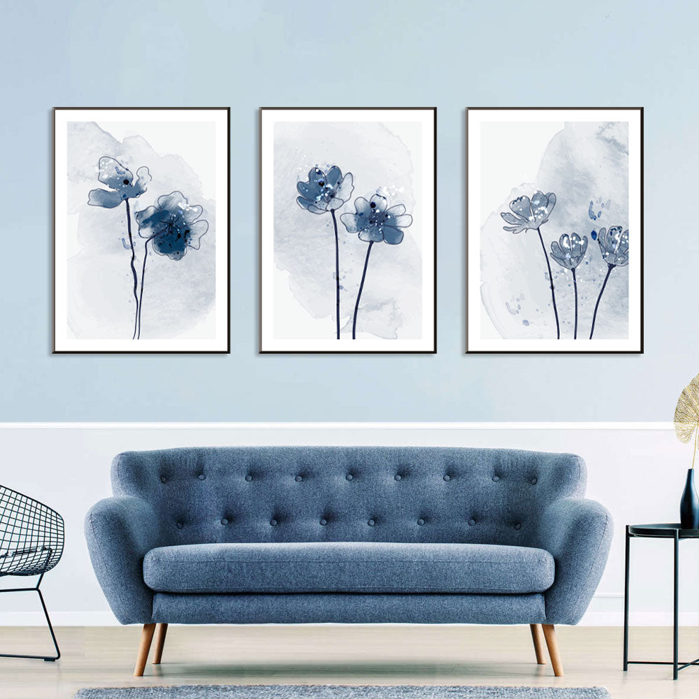 3-Piece Serene Blue Petals Watercolor Canvas Wall Art