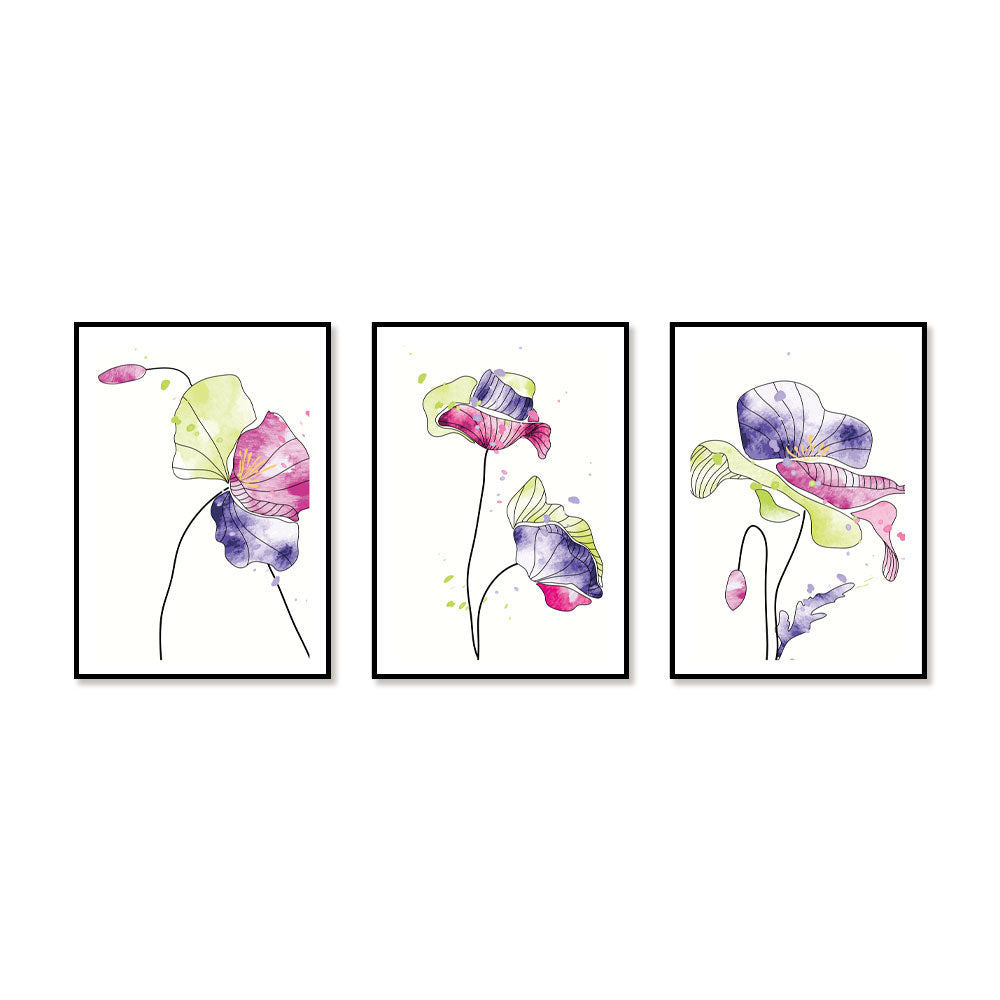 3-Piece Vibrant Bloom Watercolor Canvas Wall Art