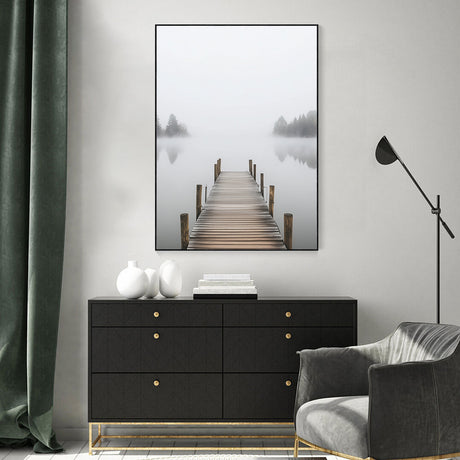 Misty Lakeside Dock Canvas Wall Art