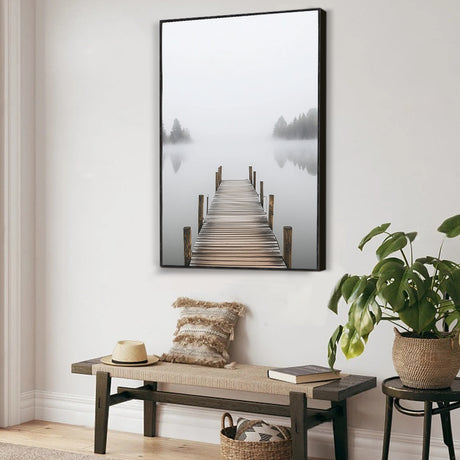 Misty Lakeside Dock Canvas Wall Art