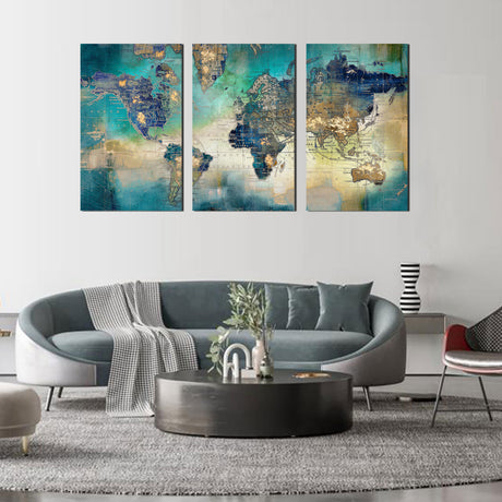 Vintage World Map Triptych Canvas Wall Art