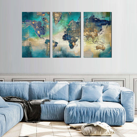 Vintage World Map Triptych Canvas Wall Art