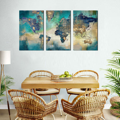 Vintage World Map Triptych Canvas Wall Art