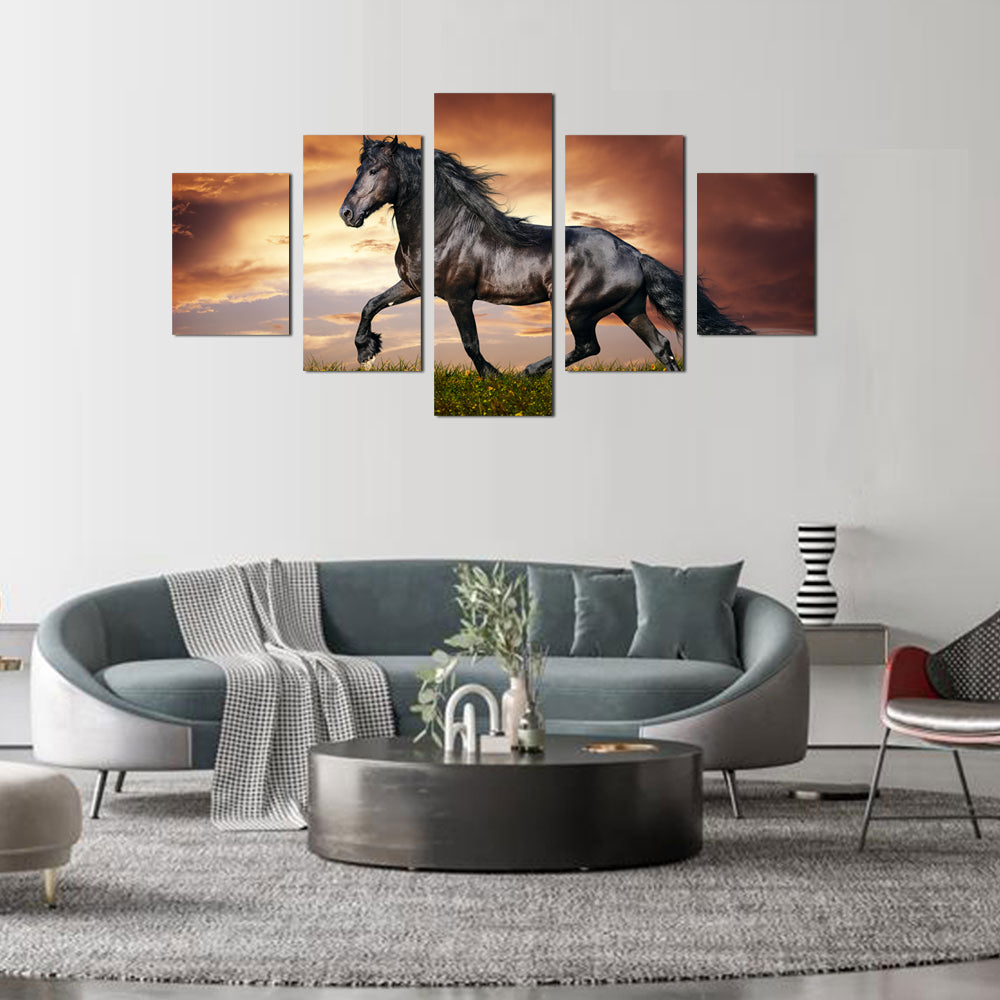 Majestic Black Stallion Galloping at Sunset Canvas Wall Art