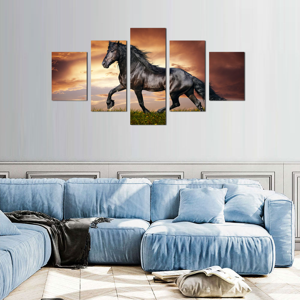 Majestic Black Stallion Galloping at Sunset Canvas Wall Art