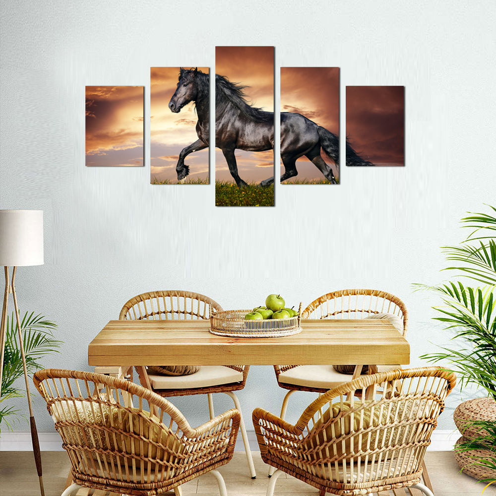 Majestic Black Stallion Galloping at Sunset Canvas Wall Art