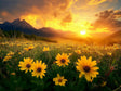 Vibrant Sunset Over a Meadow of Yellow Flowers-Canvas Wall Art