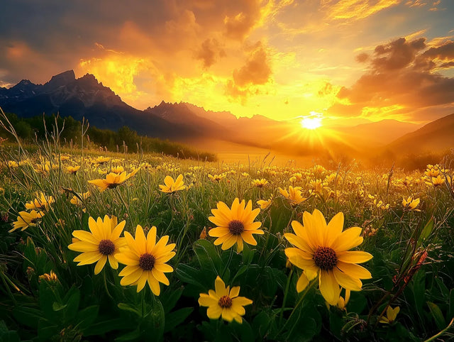 Vibrant Sunset Over a Meadow of Yellow Flowers-Canvas Wall Art