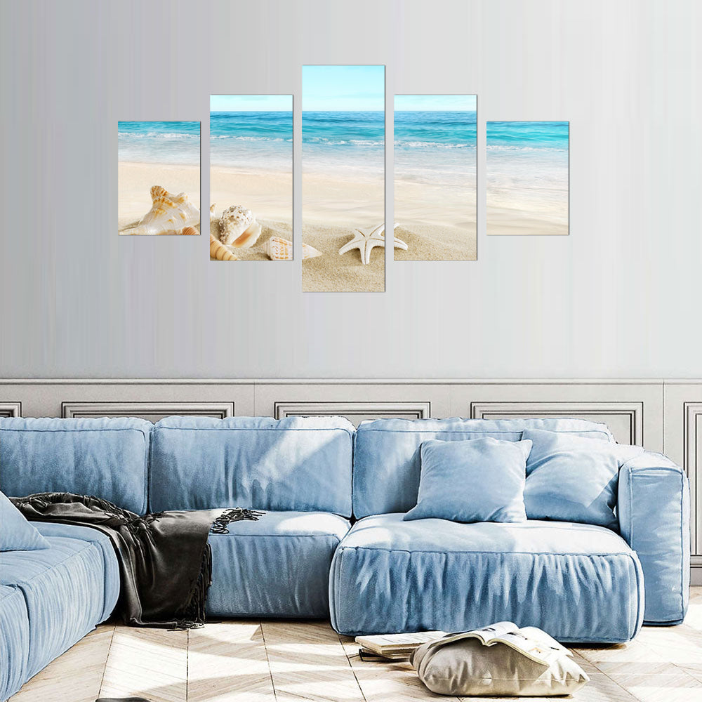 Tropical Beach Shells and Starfish Coastal Canvas Wall Art