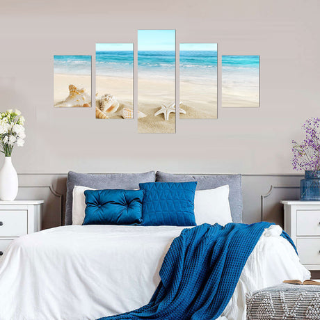 Tropical Beach Shells and Starfish Coastal Canvas Wall Art